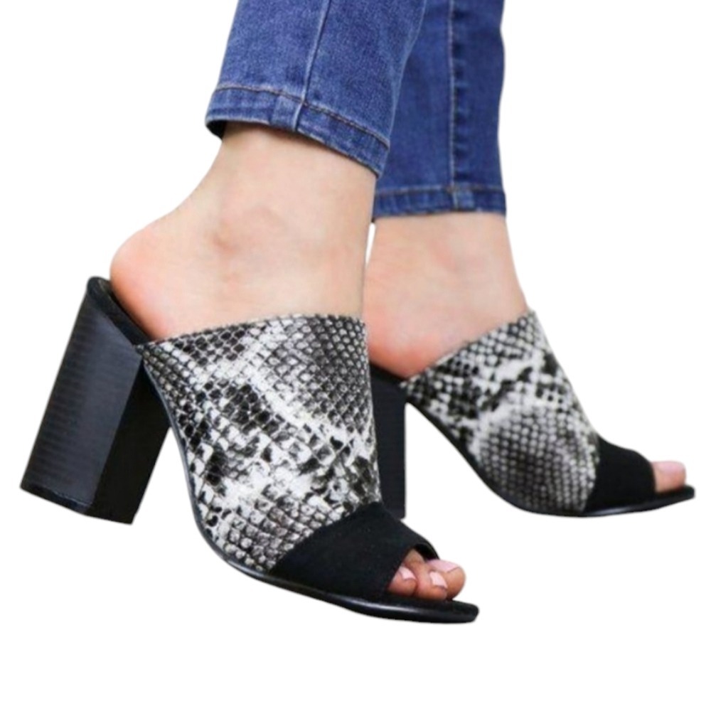 Women's Snake Print Open Toe Slip on Chunky High Heels Size 8